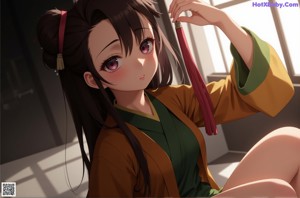 Anime girl with long black hair and pink eyes holding a red umbrella.
